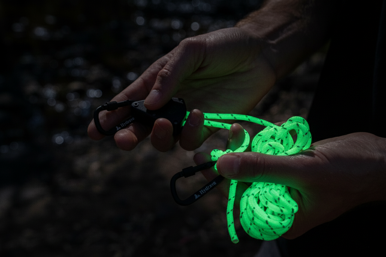 Glow Line Glow in the dark Hydrava camping tensioner in hand.